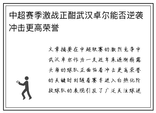 中超赛季激战正酣武汉卓尔能否逆袭冲击更高荣誉